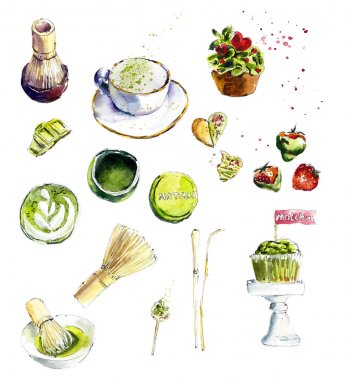 Suluboya illüstrasyon beyaz arka plan üzerinde izole. Matcha yeşil çay hazırlama aksesuarları gerçekçi el çizimi