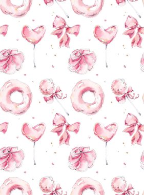 Pembe tatlı seti. Kusursuz desen. El çizilmiş suluboya illüstrasyon