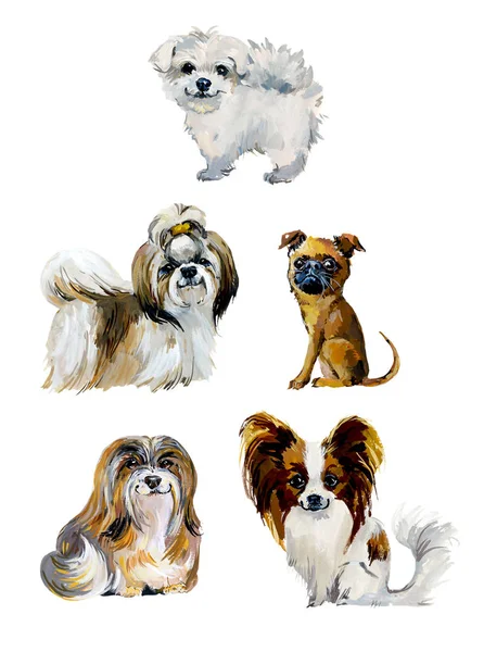 Κινούμενα σχέδια μικρά σκυλιά. Εικόνα ζωγραφισμένη στο χέρι Gouache — Φωτογραφία Αρχείου