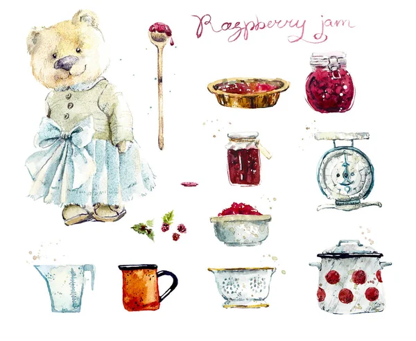 Matka ona-medvěd vaří marmeládu. Předkreslena ruka akvarel. — Stock fotografie