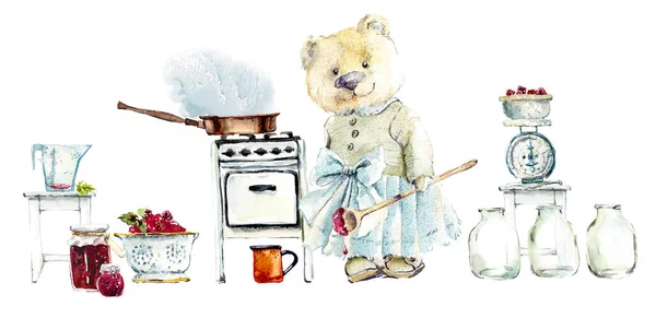 Мать-медведица готовит варенье. Рисунок акварелью . — стоковое фото
