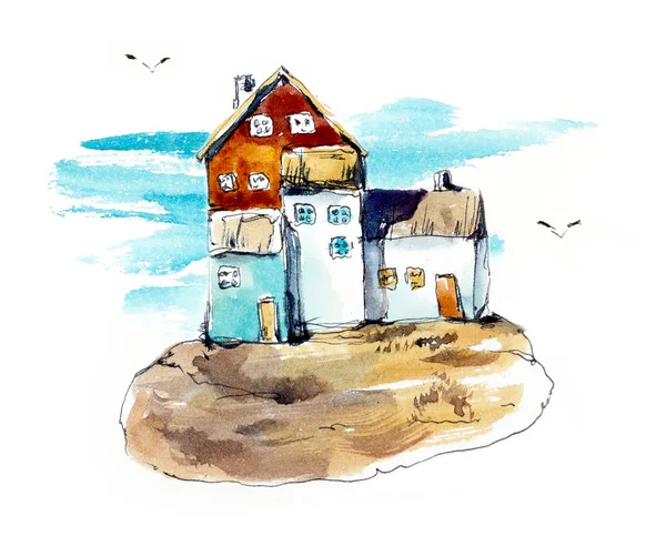 Tengerparti település. Akvarell kézzel rajzolt illusztrációk — Stock Fotó