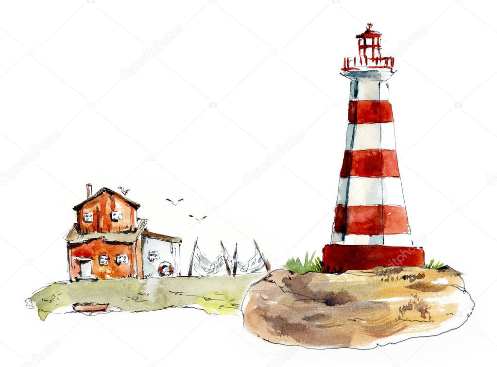 The red beacon on the island. Watercolor hand drawn illustrations