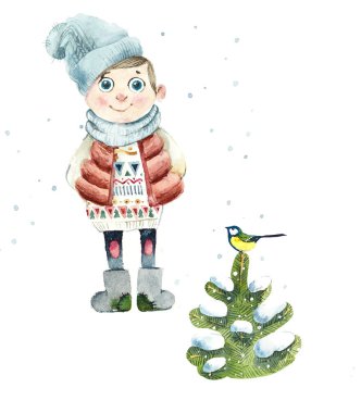 Kış çocukları. Suluboya Han çizimi