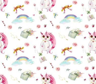 Pembe tek boynuzlu at ormanda yürüyor. Kusursuz desen. Suluboya el çizimi.