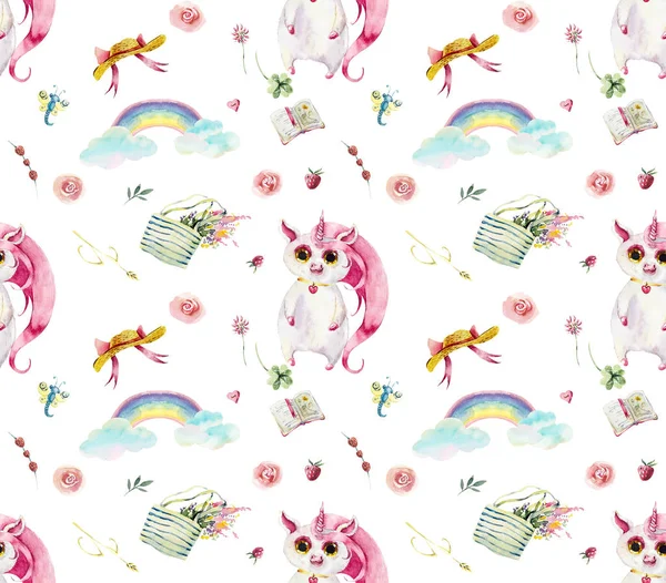 Pink unicorn walk in the forest. Seamless pattern. Watercolor hand drawing illustration.