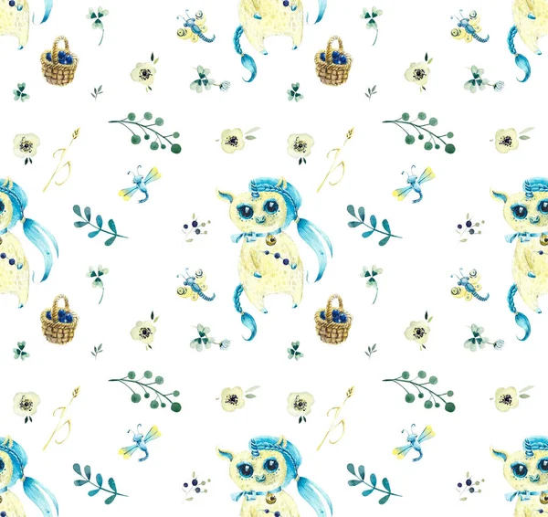 Blue unicorn walk in the forest. Seamless pattern. Watercolor hand drawing illustration.