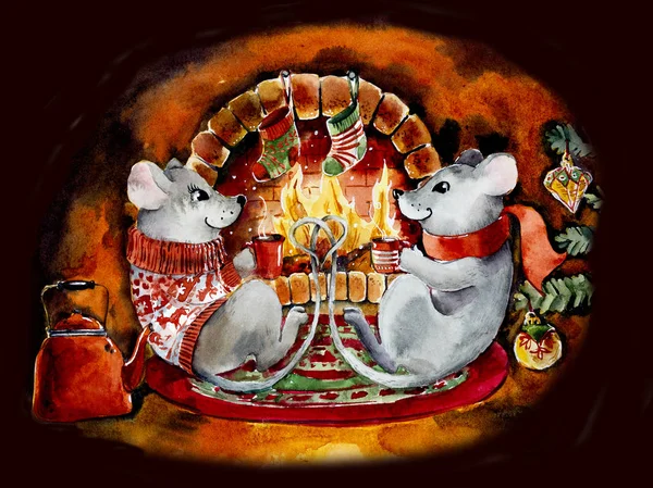 Two mice drink tea at New Year s fireplace. Watercolor hand drawn illustration — Stock Photo, Image