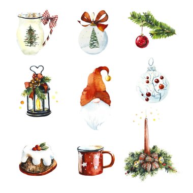 Kırmızı-yeşil renklerde noel elemanları suluboya seti.