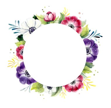 Çiçek buketi şeffaf vazoda şakayık. Suluboya el çizimi çizimi