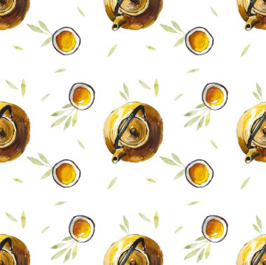 Kusursuz desen. Çay zamanı. Asya gelenekleri. Suluboya el çizimi çizimi.