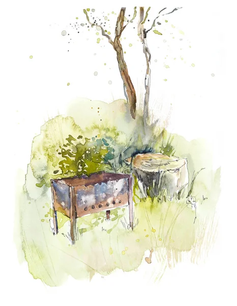 森林里的老婆娘野餐的性质 水彩画手绘插图 — 图库照片