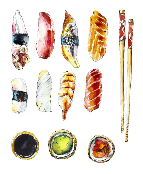 寿司セット 水彩手描きイラスト — ストック写真