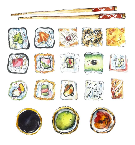 Sushi Set Watercolor Hand Drawn Illustration — Stock Photo, Image
