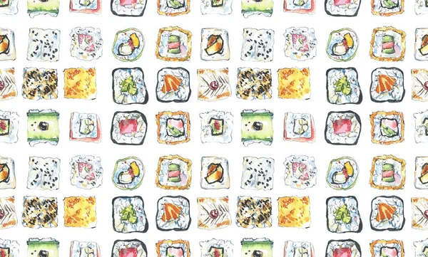 Padrão Sem Costura Sushi Pronto Ilustração Desenhada Mão Aquarela — Fotografia de Stock