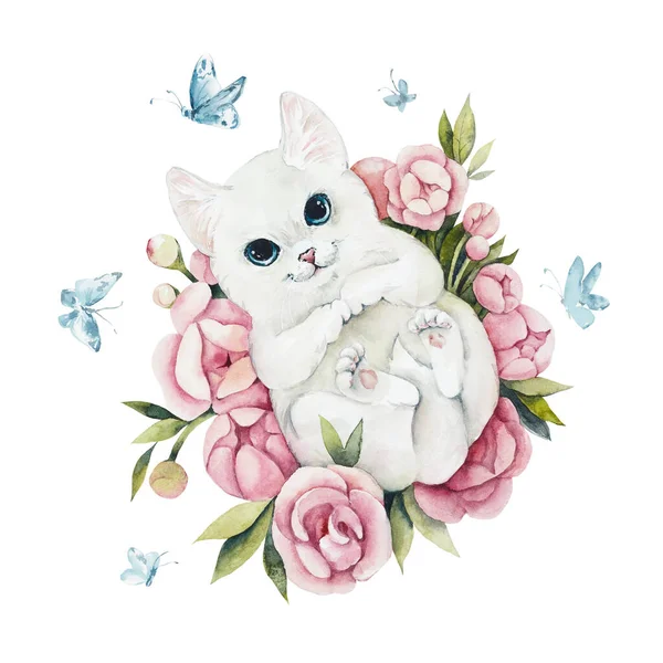 Kitten and roses. Water color painting. Greeting cards. Roses background, watercolor composition. Flower backdrop. Decoration with blooming roses, hand-drawing. Illustration