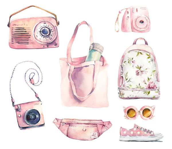 Set of watercolor hand-drawn illustrations on pink summer. Backpack, glasses, bag, photo camera, shoes, retro radio - watercolor illustrations.