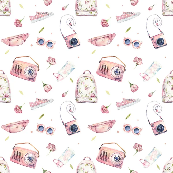 Watercolor seamless pink pattern on a white background. Hand-drawn seamless pattern with shoes, camera, glasses, pink bag.