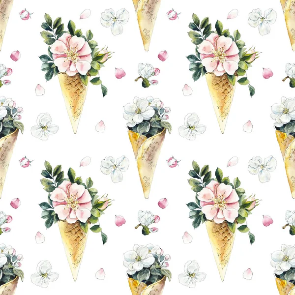 Ice Cream Seamless Pattern Flowers Dessert White Background Watercolor Hand — Stock Photo, Image