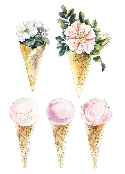 Flowers Ice cream. White background. Watercolor hand drawn illustration.