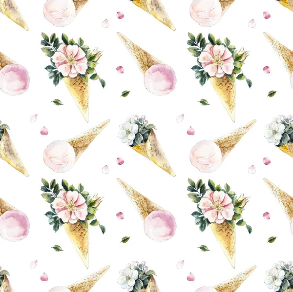 Ice Cream Seamless Pattern Flowers Dessert White Background Watercolor Hand — Stock Photo, Image