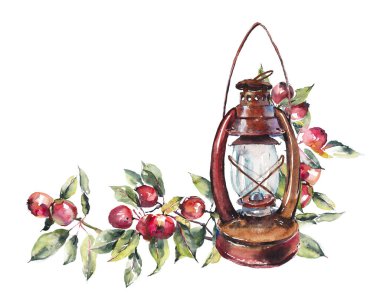 Çin elmalı eski fener. Eski bahçe. Suluboya taslak tarzı. El çizimi illüstrasyon