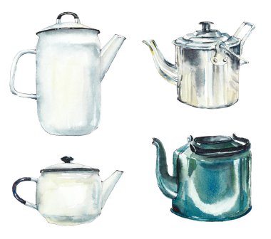 Çaydanlık koleksiyonu. Çay saati seti. Suluboya el çizimi çizimi. 