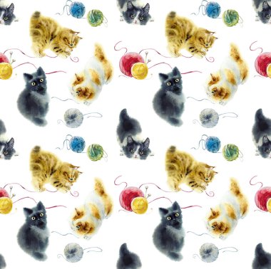 Kusursuz sevimli tüylü kedi yavruları ve iplikler. Kedi yavrusu iplik yumağında avlanıyor. El çizimi suluboya çizimi.