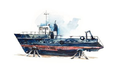 Küçük gemi (tekne). Suluboya el çizimi çizimi. Çizim biçimi