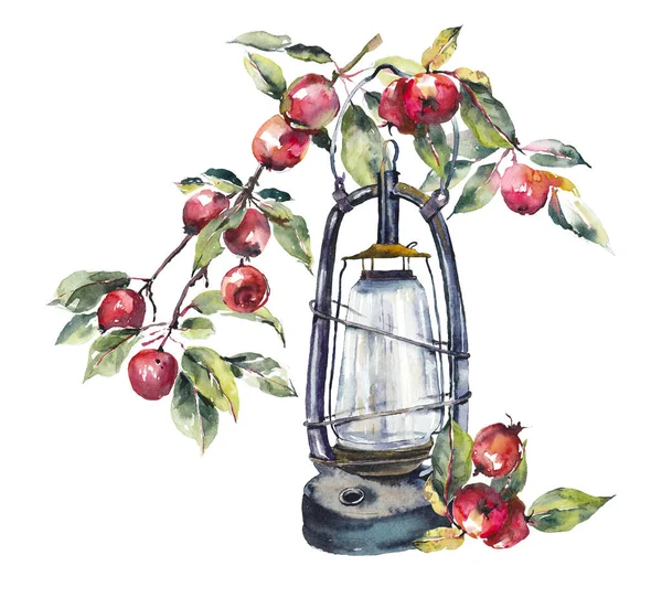 Old Lantern Chinese Apples Old Garden Watercolor Sketch Style Hand — Stock Photo, Image