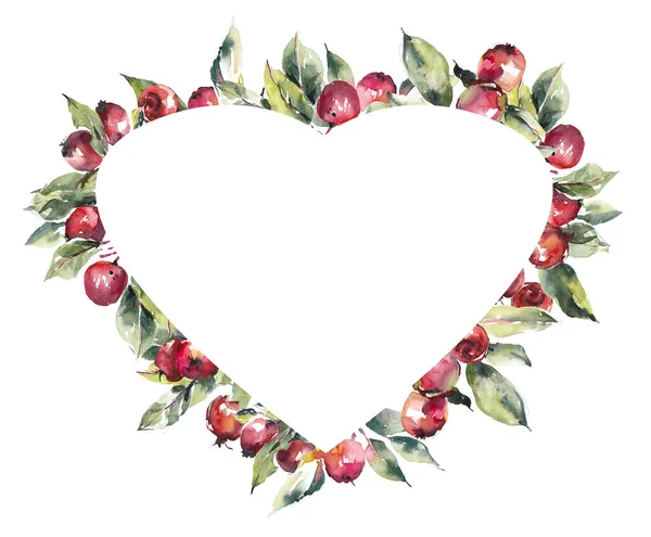 有红色小苹果的心框 水果背景 水彩画手绘插图 — 图库照片