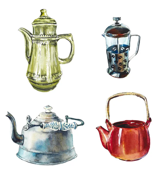 Τσαγιέρες Συλλογής Ώρα Για Τσάι Υδατογραφία Ζωγραφισμένη Στο Χέρι Εικόνα — Φωτογραφία Αρχείου