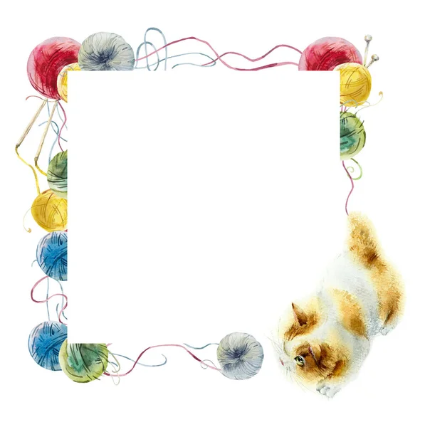 Yavru Kediyle Suluboya Örgü Çerçeveleri Elle Boyanmış Çizimler Renkli Iplik — Stok fotoğraf