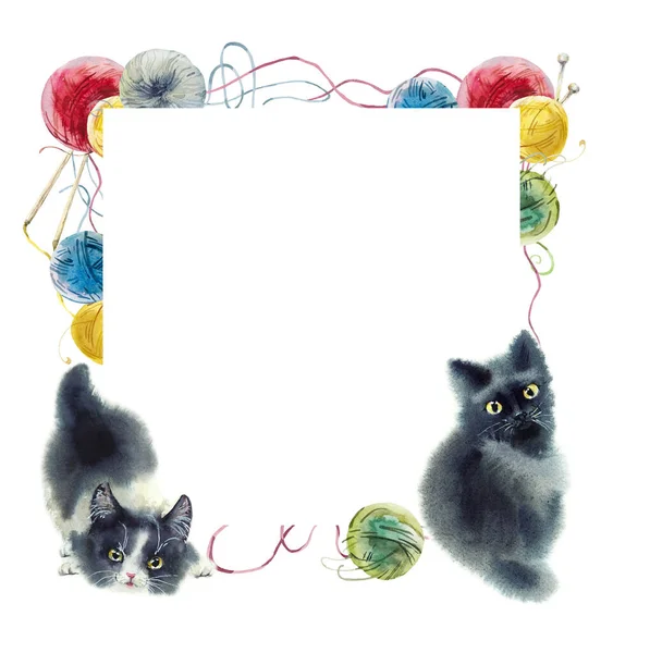 Watercolor Knitting Frames Kitten Hand Painted Illustrations Colorfull Yarn Balls — Stock Photo, Image