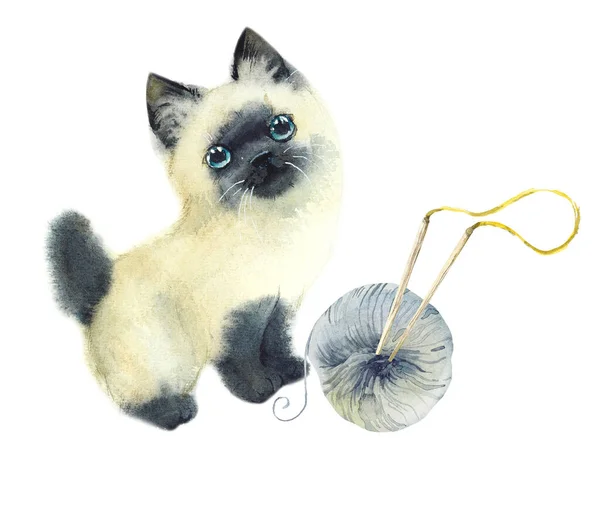 Kitten Benang Ilustrasi Cat Air Gambar Tangan — Stok Foto