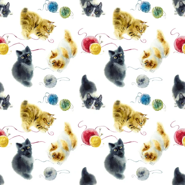 Seamless Cute Fluffy Kittens Yarns Kitten Hunts Balls Threads Hand — Stock Photo, Image