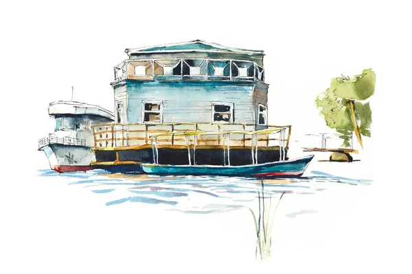 Little Ship Boat Watercolor Hand Drawn Illustration Sketch Style — Stock Photo, Image