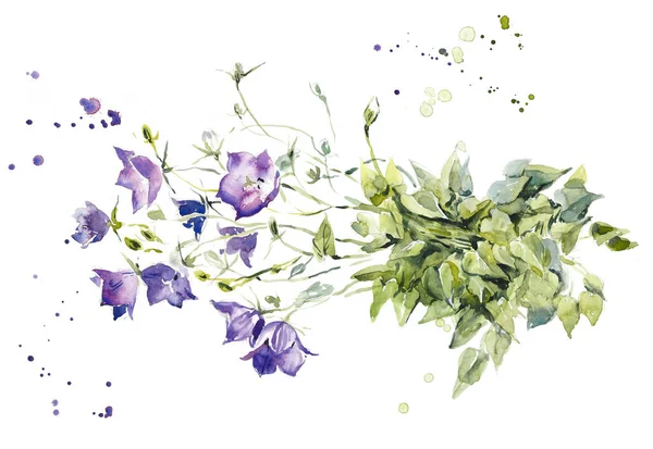 Zvonek Květinové Pozadí Dekorace Kvetoucími Květinami Akvarel Ručně Kreslené Ilustrace — Stock fotografie