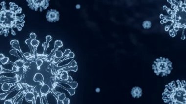 Coronavirus mikroskobu 3D virüs parıltısı. Kopya alanı ile koyu mavi arkaplanda yavaş hareket et..