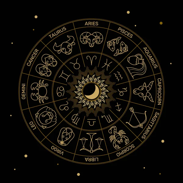 Zodiac Astrology Horoscope Gold Line Black Background Minimal Style — Stock Vector