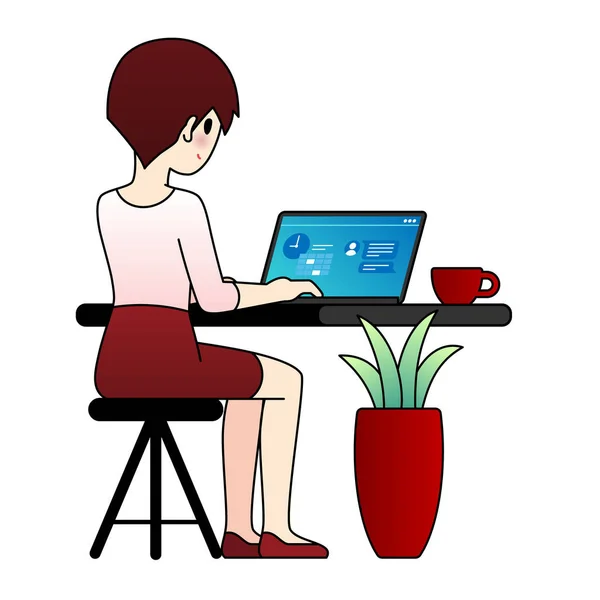 妇女坐着与笔记本电脑可爱的卡通画平面设计一起工作 — 图库矢量图片