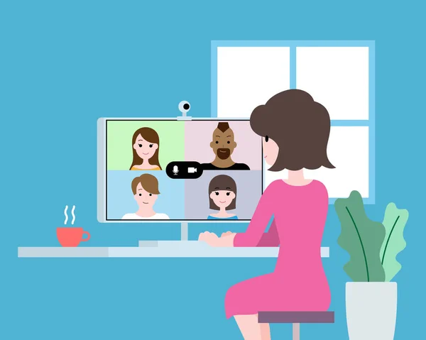 家庭图解工作 视频电话会议在线交流 — 图库矢量图片