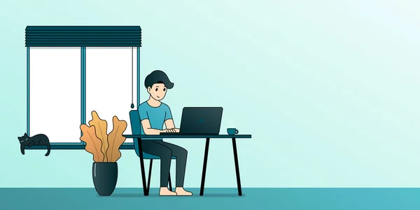 男人坐在家里与笔记本电脑一起工作 勾勒出平面卡通画图案 — 图库矢量图片