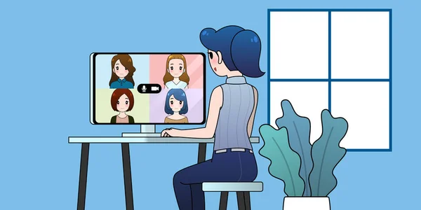 Работа Домашней Иллюстрацией Видеоконференция Женской Группы Концепция Онлайн Общения — стоковый вектор
