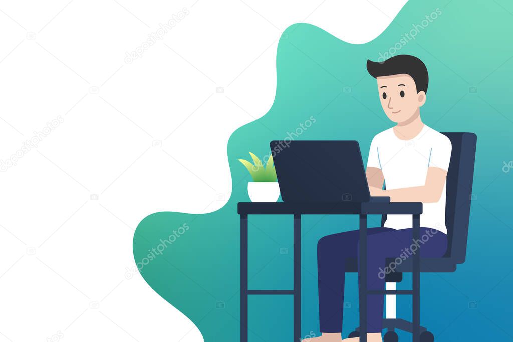 Work from home illustration with copy space, man working with laptop on desktop, flat design.