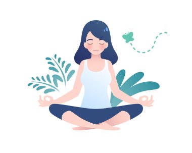 Barışçıl doğa illüstrasyonu, yoga ve sağlıklı yaşam tarzı konsepti, düz çizgi film tasarımı üzerine meditasyon yapan kadın..