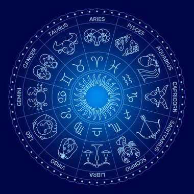 Çember Zodiac sembolü, en az çizgi film stili, koyu mavi arkaplanda ışık çizgisi.
