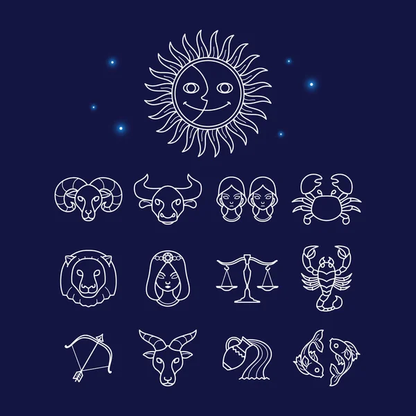 Conjunto Símbolo Del Zodiaco Mínimo Estilo Línea Dibujos Animados — Vector de stock