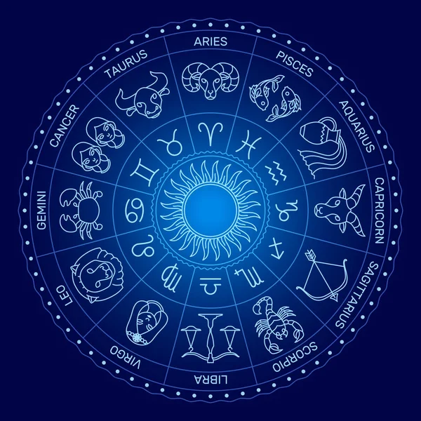 Çember Zodiac sembolü, en az çizgi film stili, koyu mavi arkaplanda ışık çizgisi.