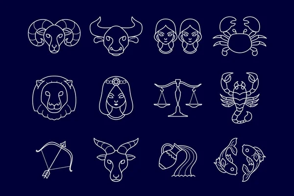 Conjunto Símbolos Zodíaco Estilo Mínimo Dos Desenhos Animados Linha Branca — Vetor de Stock